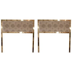 Vintage Pair of Brass Twin Upholstered Headboards in the Manner of Milo Baughman