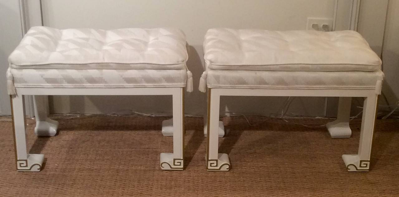 Hollywood Regency Pair of Lacquered Benches or Footstools, Greek Key Design, Manner James Mont