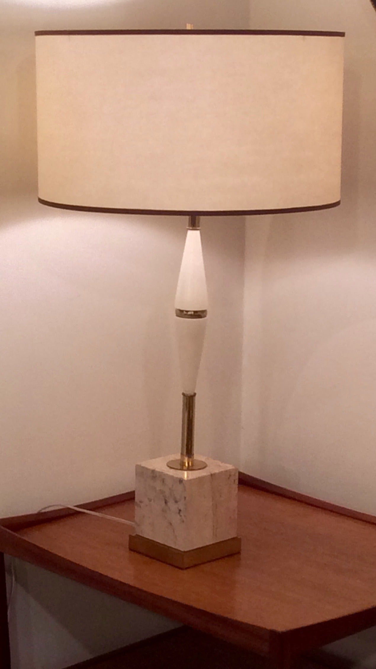 Mid Century Table Lamps, Travertine Marble Base, Brass Fittings, & Custom Shades