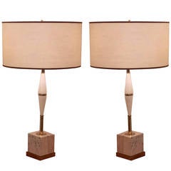 Mid Century Table Lamps, Travertine Marble Base, Brass Fittings, & Custom Shades