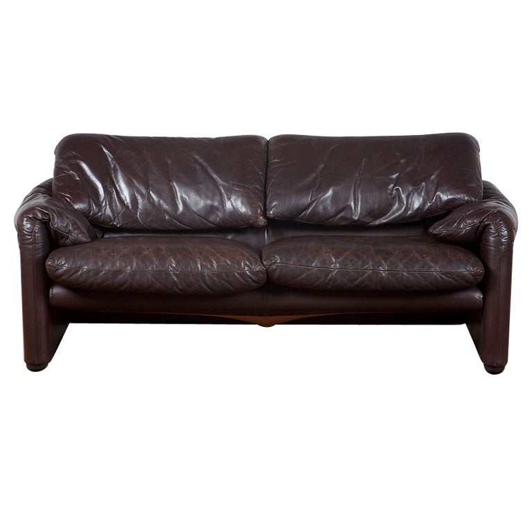 1970s 'Maralunga' Dark Brown Leather Sofa by Vico Magistretti for Cassina For Sale