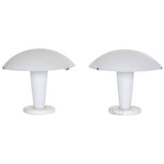 Pair of Mid-Century White Italian Glass Dome-Top Lamps with a Marble Base