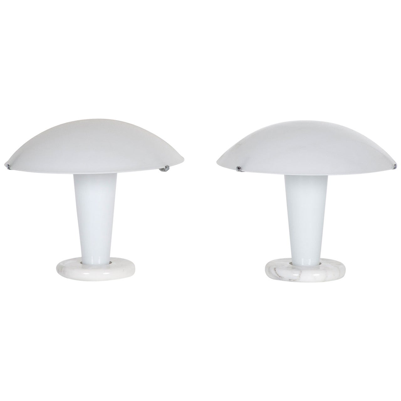 Pair of Mid-Century White Italian Glass Dome-Top Lamps with a Marble Base For Sale
