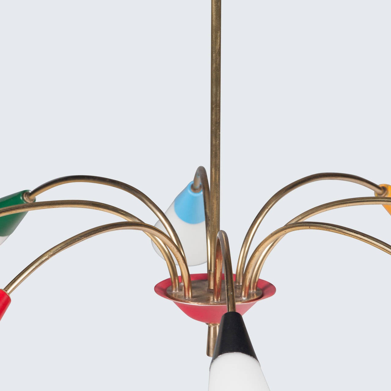 An amazing hanging, Italian pendant light in the style of Stilnovo. With brass and multi-coloured pendants with frosted glass. A really remarkable edition to any space with flair!