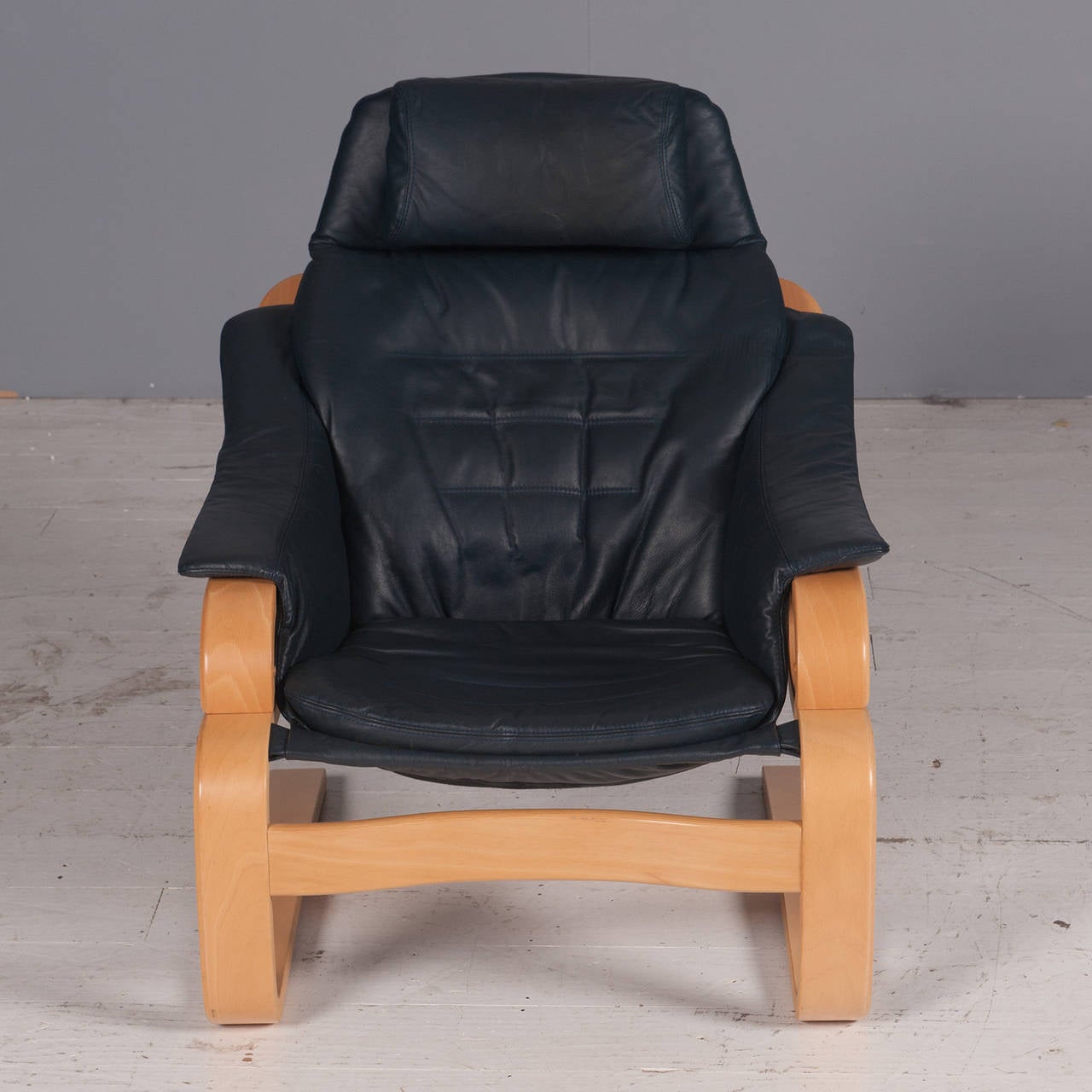 Mid-Century Modern Danish Black Leather Armchair with Footstool, 1970s For Sale