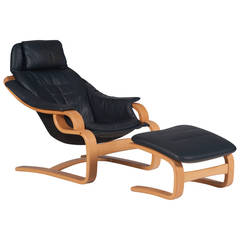 Danish Black Leather Armchair with Footstool, 1970s