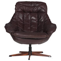 Danish Brown Leather Swivel Chair by H. W. Klein, 1970s