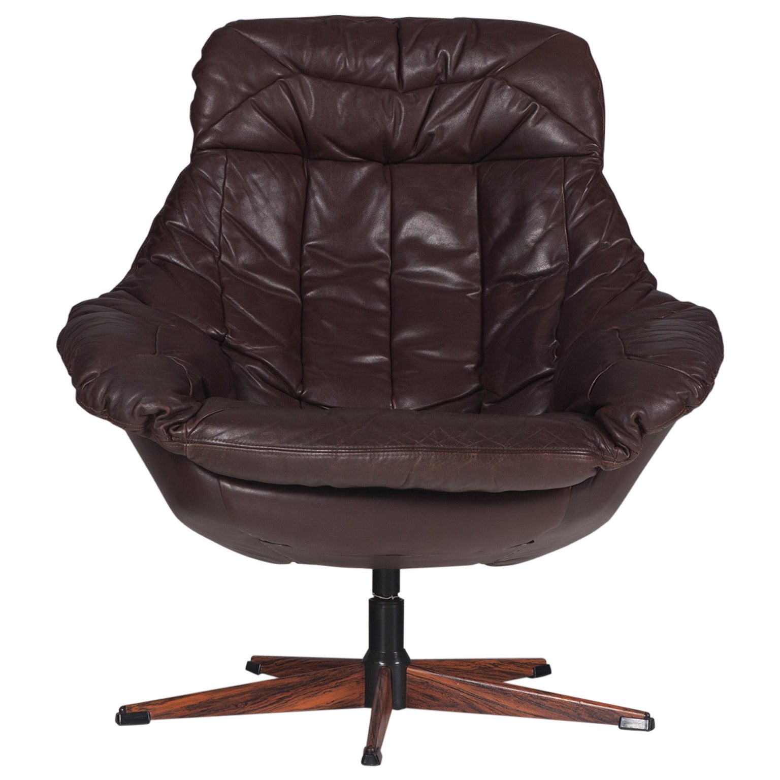 Danish Brown Leather Swivel Chair by H. W. Klein, 1970s For Sale