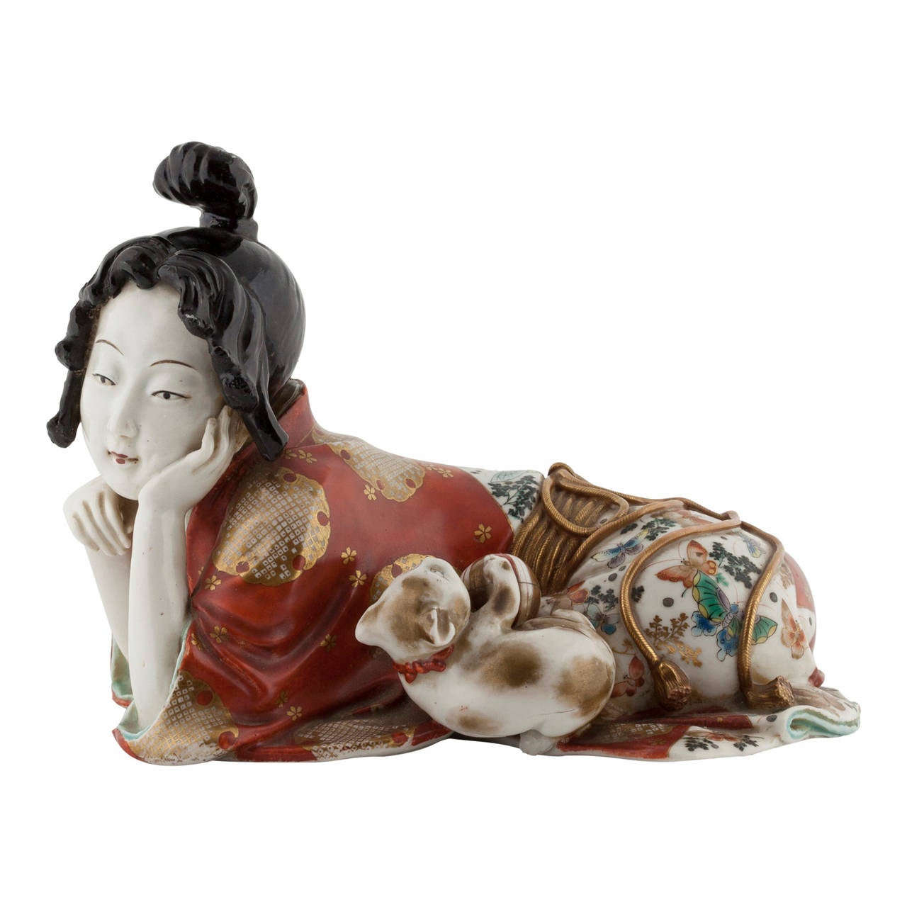 Late 19th Century Kutani Erotic Porcelain Figure of a Woman with Kitten, circa 1870