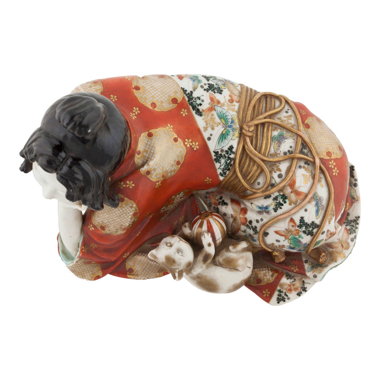 Asian Kutani Erotic Porcelain Figure of a Woman with Kitten, circa 1870