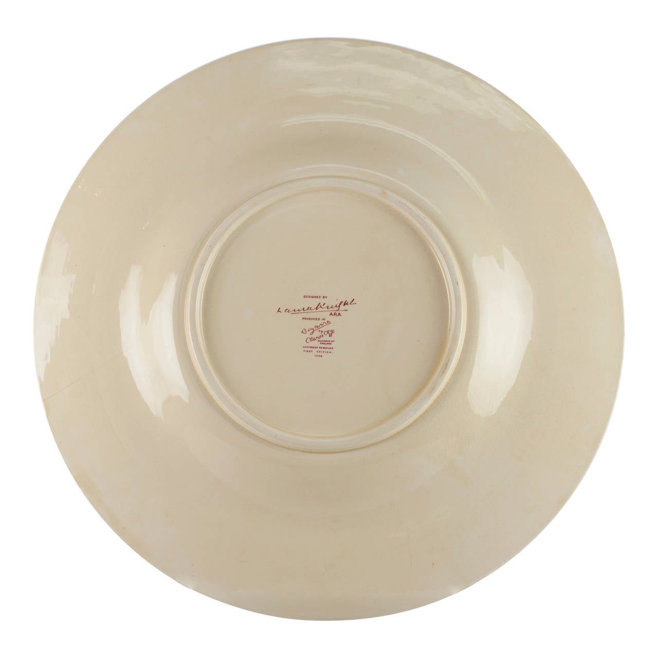 Clarice cliff charger with fair ladies design by Dame Laura Knight.
18 inches diameter.
Inscribed verso: Designed by Laura Knight A.R.A.
Produced in bizarre by Clarice Cliff Wilkinson Ltd England copyright reserved first edition, 1934.