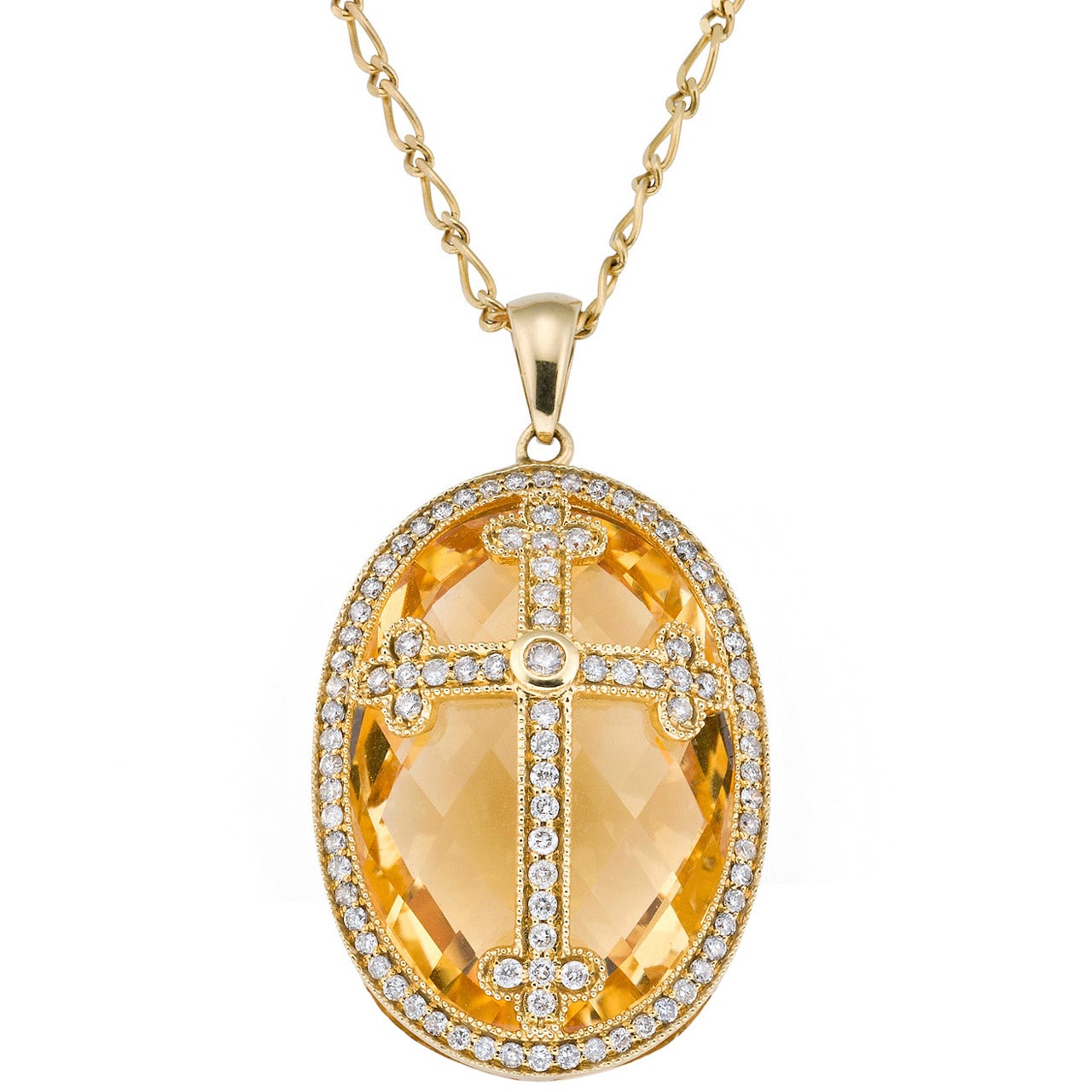 Citrine and Diamond Cross Pendant in 18-Carat Gold For Sale