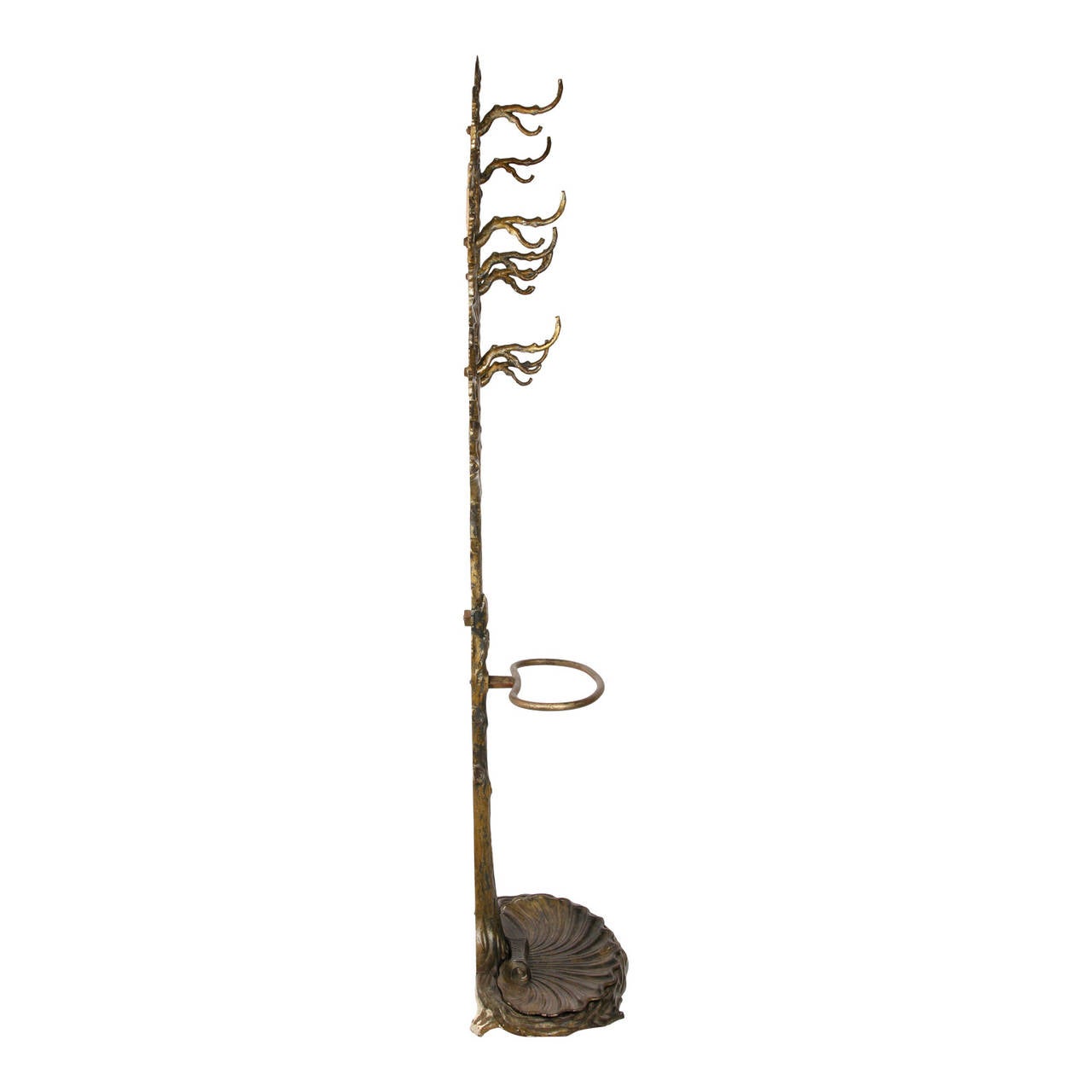 American hall stand in the form of a tree, featuring central oval mirror in wrought iron.
Stamped on scallop shell base at centre:
Patented / NOV. 16‘58 (1858).