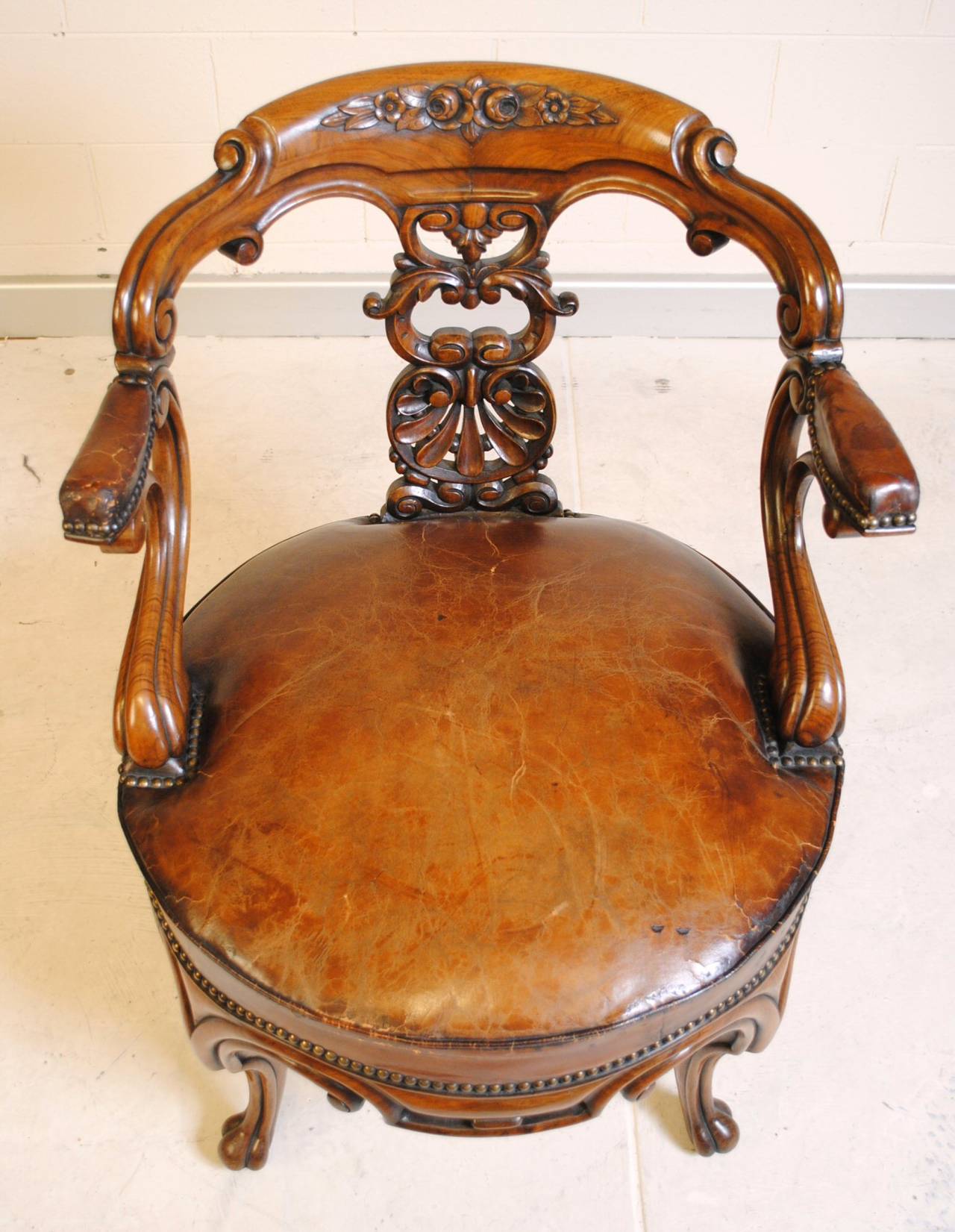 French Antique Rosewood Desk Chair with Leather Seat For Sale at 1stDibs