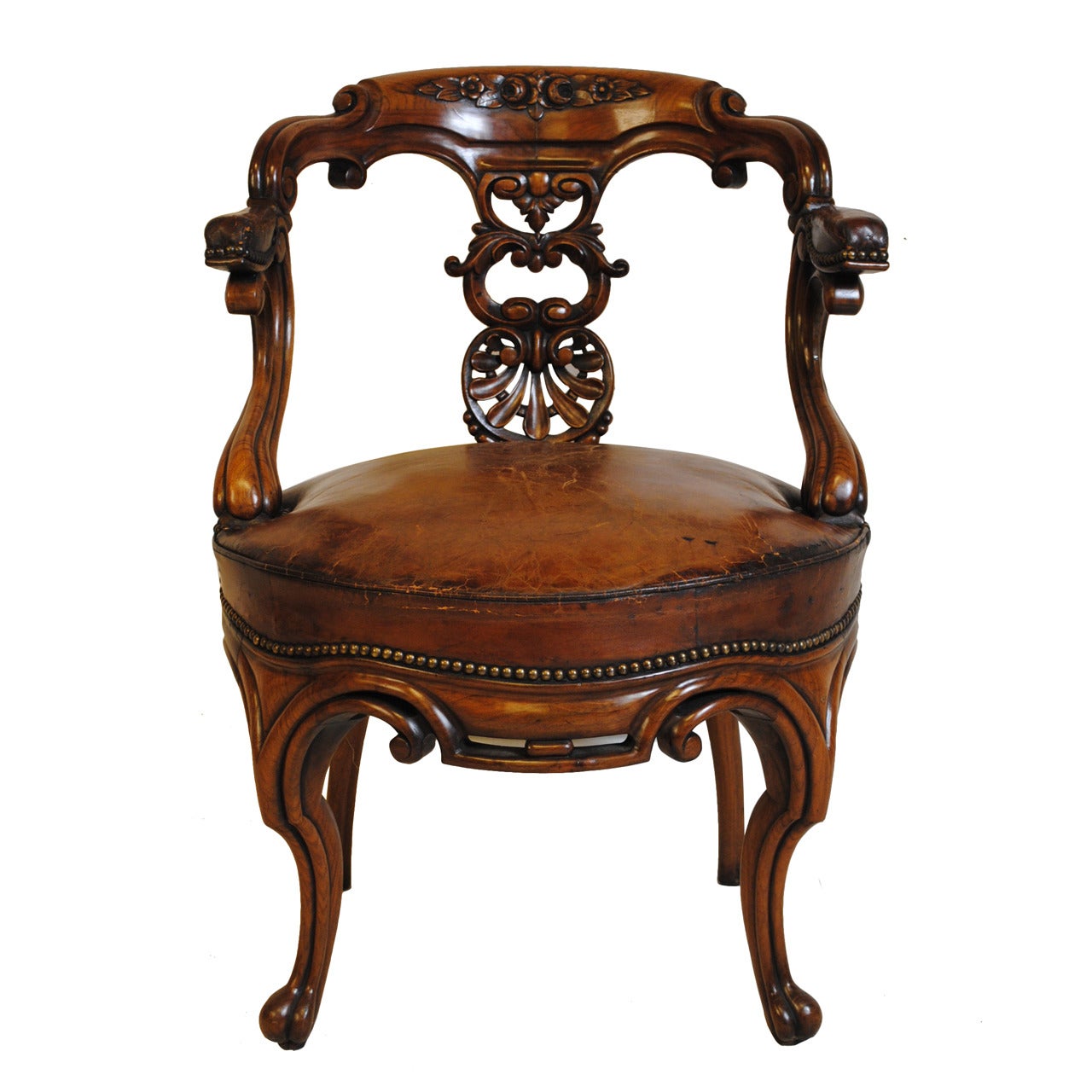 French Antique Rosewood Desk Chair with Leather Seat For Sale at 1stDibs