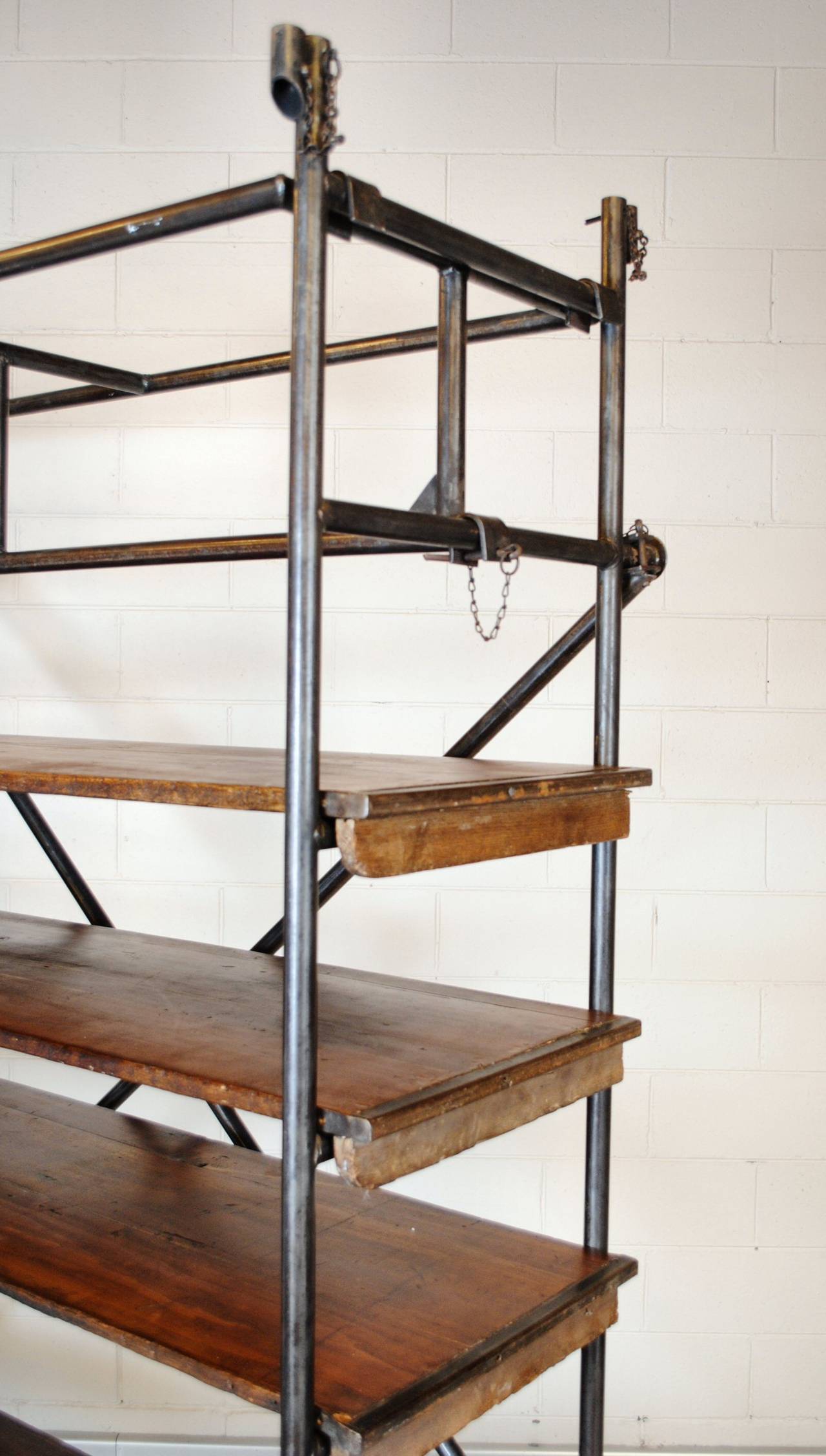 French Industrial Steel and Walnut Shelves In Excellent Condition For Sale In Armadale, Victoria