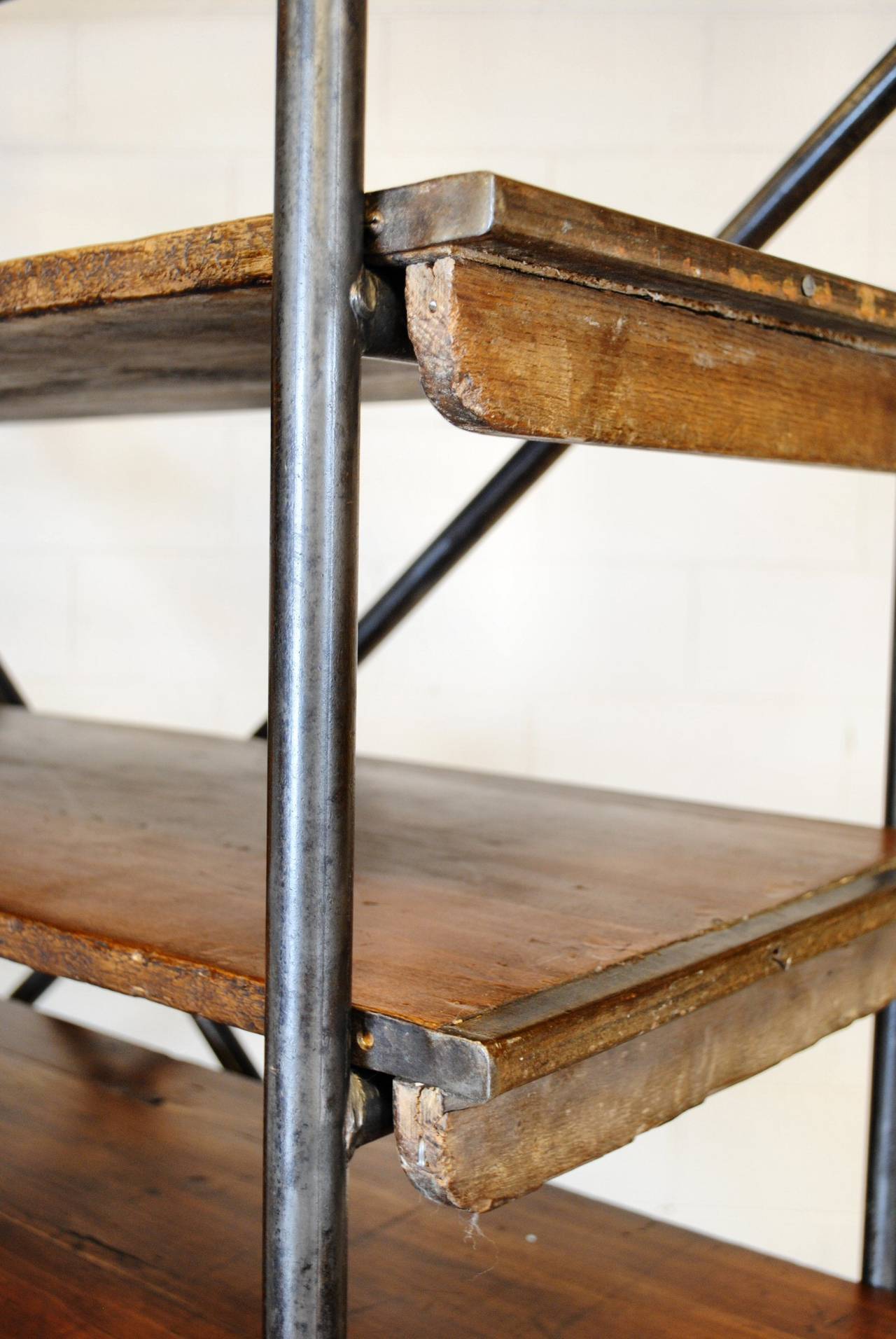 Mid-20th Century French Industrial Steel and Walnut Shelves For Sale