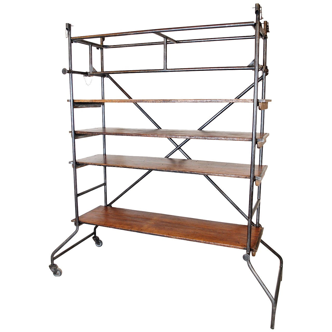 French Industrial Steel and Walnut Shelves For Sale