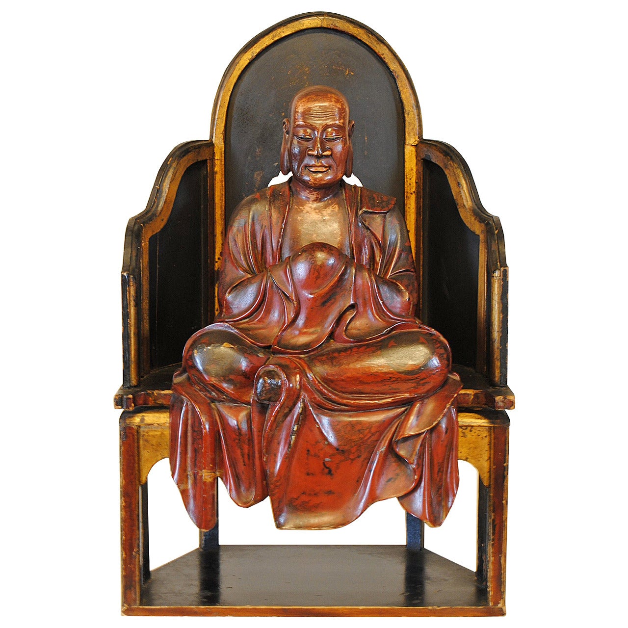 Carved 18th Century Chinese Seated Lohan Monk Scultpure For Sale