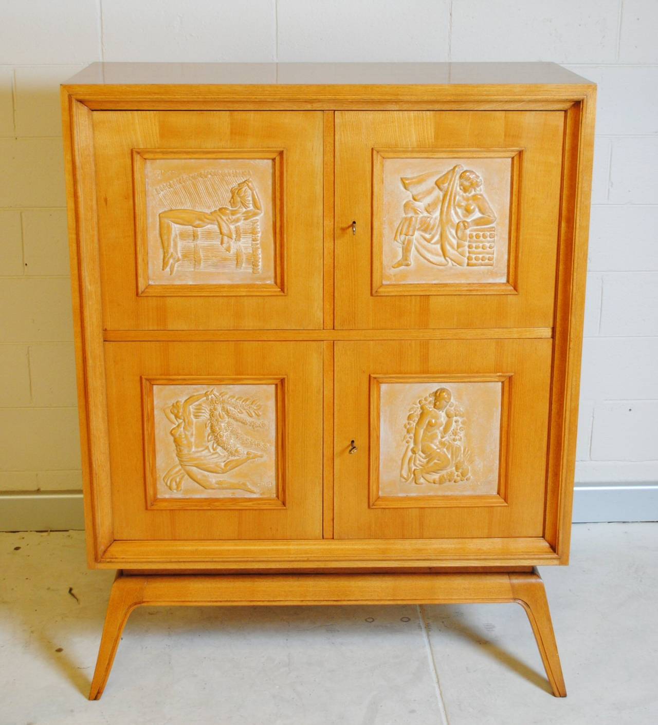 Early 1950s Oak Cabinet with Signed Relief Panels For Sale 3