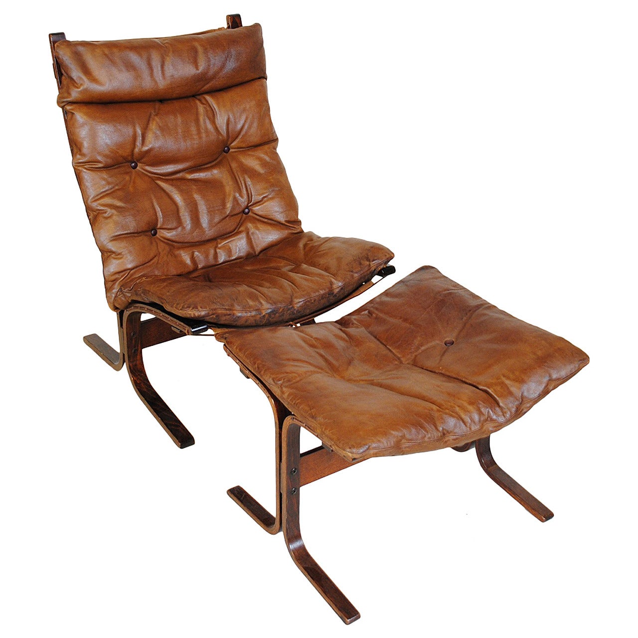 Rosewood Framed Leather Siesta Chair and Stool For Sale