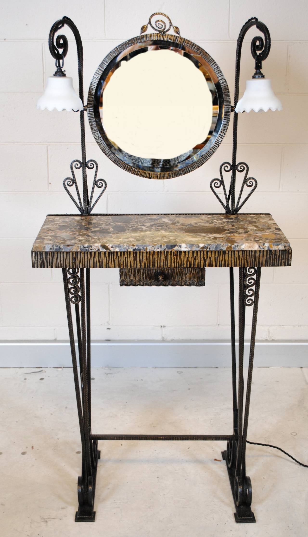 French Art Deco Wrought Iron and Marble Dressing Table and Seat In Good Condition In Armadale, Victoria