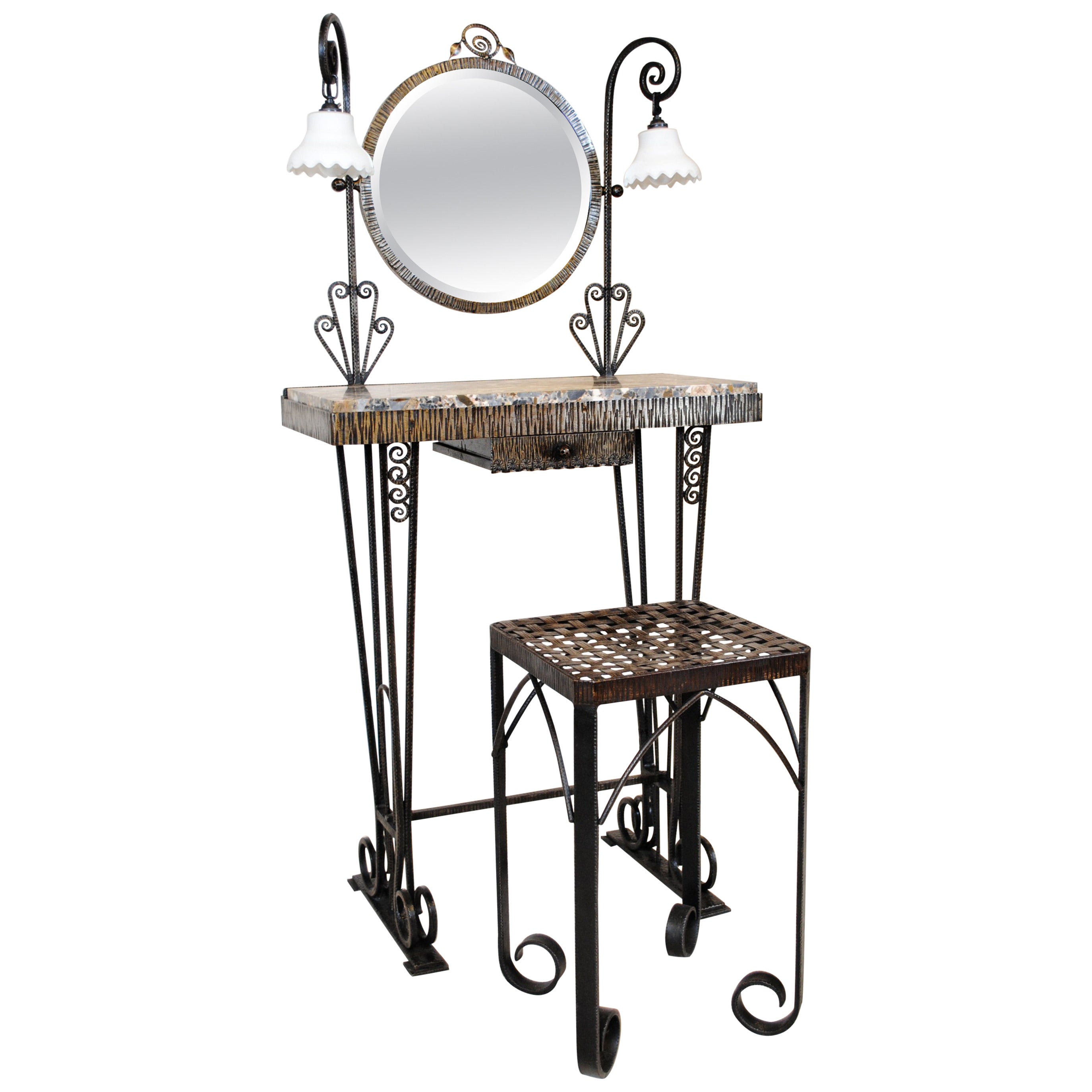 French Art Deco Wrought Iron and Marble Dressing Table and Seat