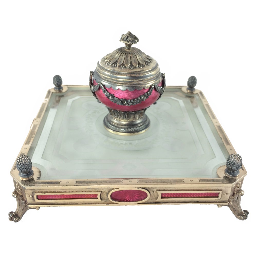Early 20th Century French Guilloché Enamel and Gilt Silver Inkwell For Sale 1