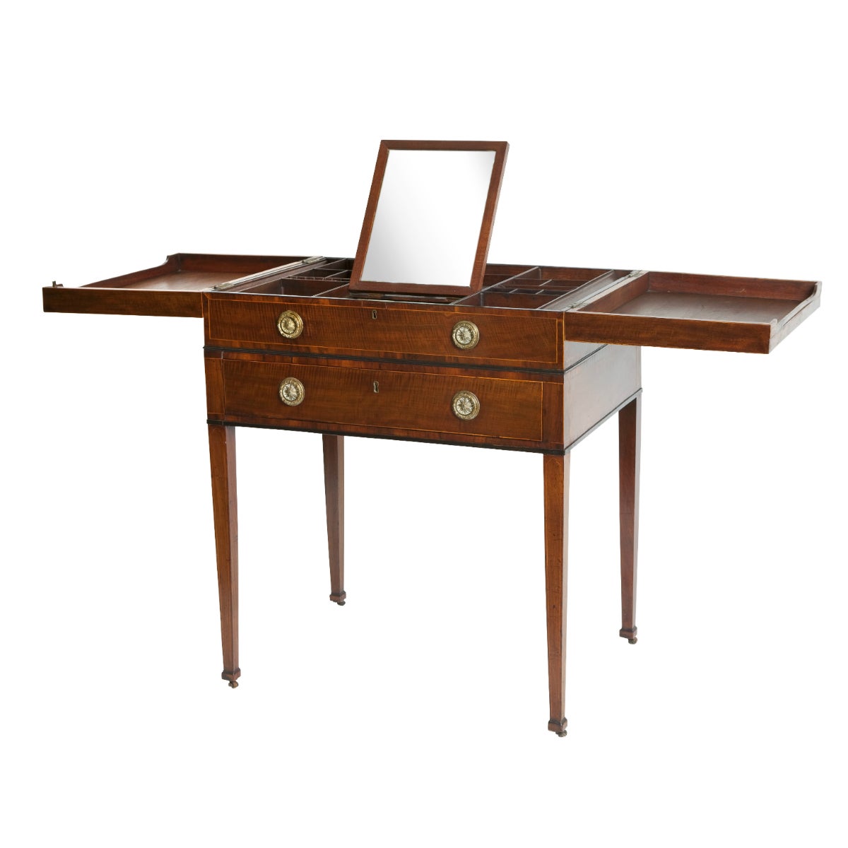 Tavolino da toilette in poudreuse inglese della fine del XVIII e dell'inizio del XIX secolo, spesso indicato come cassettone Beau Brummel. Questi tavolini da uomo erano molto diffusi nel XVIII e XIX secolo tra i ricchi e i nobili, per conservare una