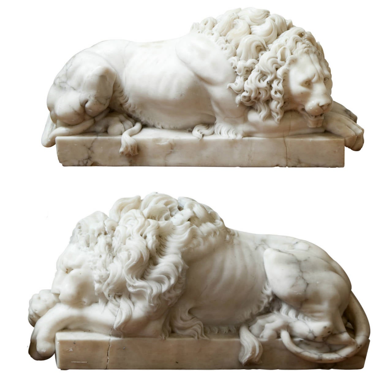 Hand-Carved 19th Century Pair of Hand Carved Carrara Marble Lions