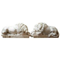 19th Century Pair of Hand Carved Carrara Marble Lions