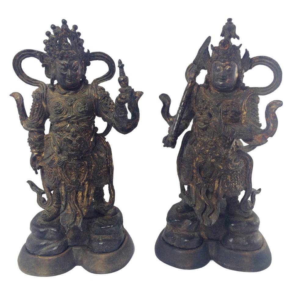 Ming Dynasty Chinese Gilt Bronze Guardian Figures For Sale