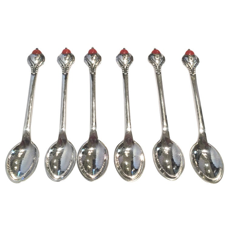 Set of Six Danish, Silver and Coral Tea Spoons by Evald Nielsen, 20th Century For Sale