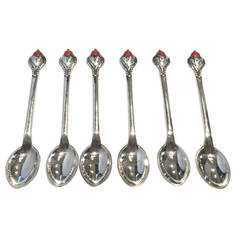 Set of Six Danish, Silver and Coral Tea Spoons by Evald Nielsen, 20th Century