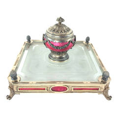 Early 20th Century French Guilloché Enamel and Gilt Silver Inkwell