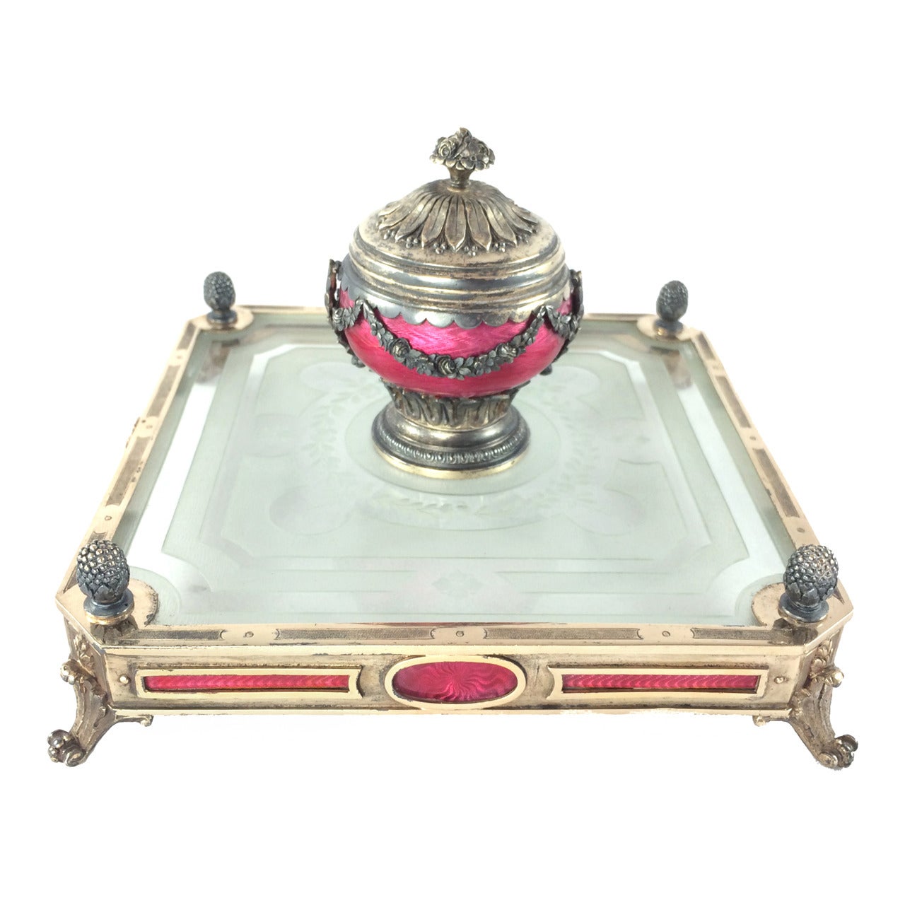 Early 20th Century French Guilloché Enamel and Gilt Silver Inkwell For Sale