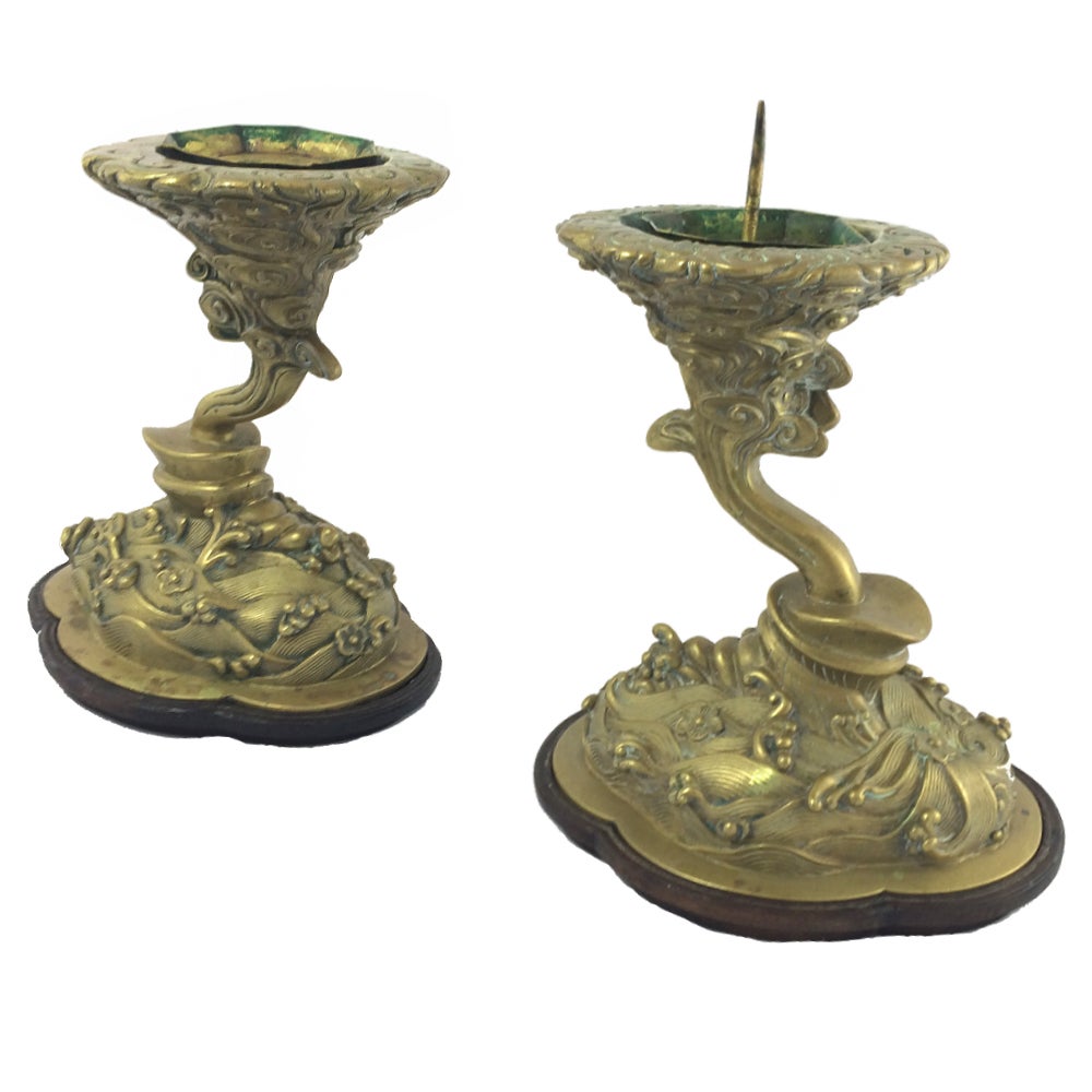 Qing Pair of 18th Century Chinese Brass Alter Candlesticks on Timber Bases For Sale