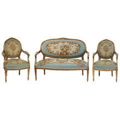 Louis XV Three-Piece Gilt Salon Suite with Aubusson Upholstery