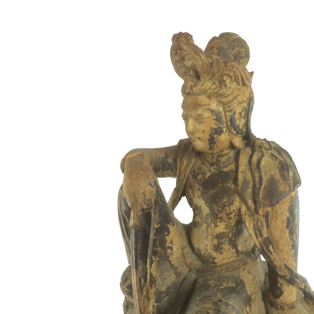 18th Century and Earlier Early Ming Dynasty Chinese Carved Timber Statue of Guanyin in Royal Repose For Sale
