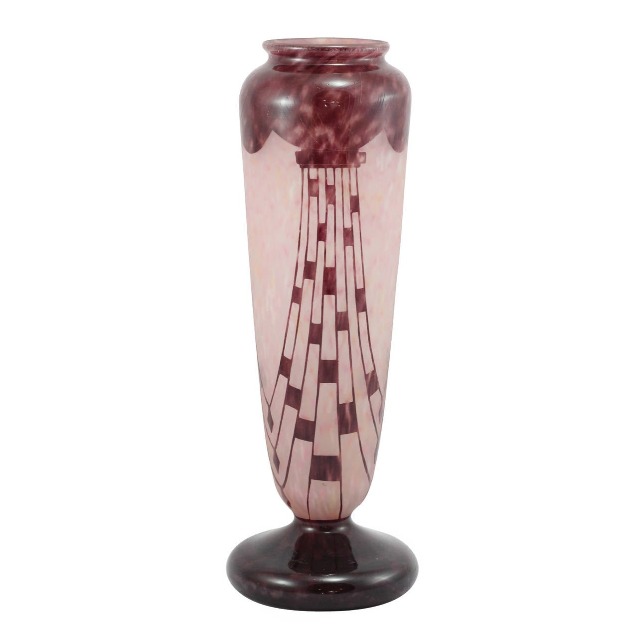 Art Deco cameo glass 'Colliers' vase by Charles Schneider Company. Inscribed to base Le Verre Francaise, this design is known to have be released in 1927-1928. it features an acid etched pattern of amethyst necklaces on a pink and white mottled base.