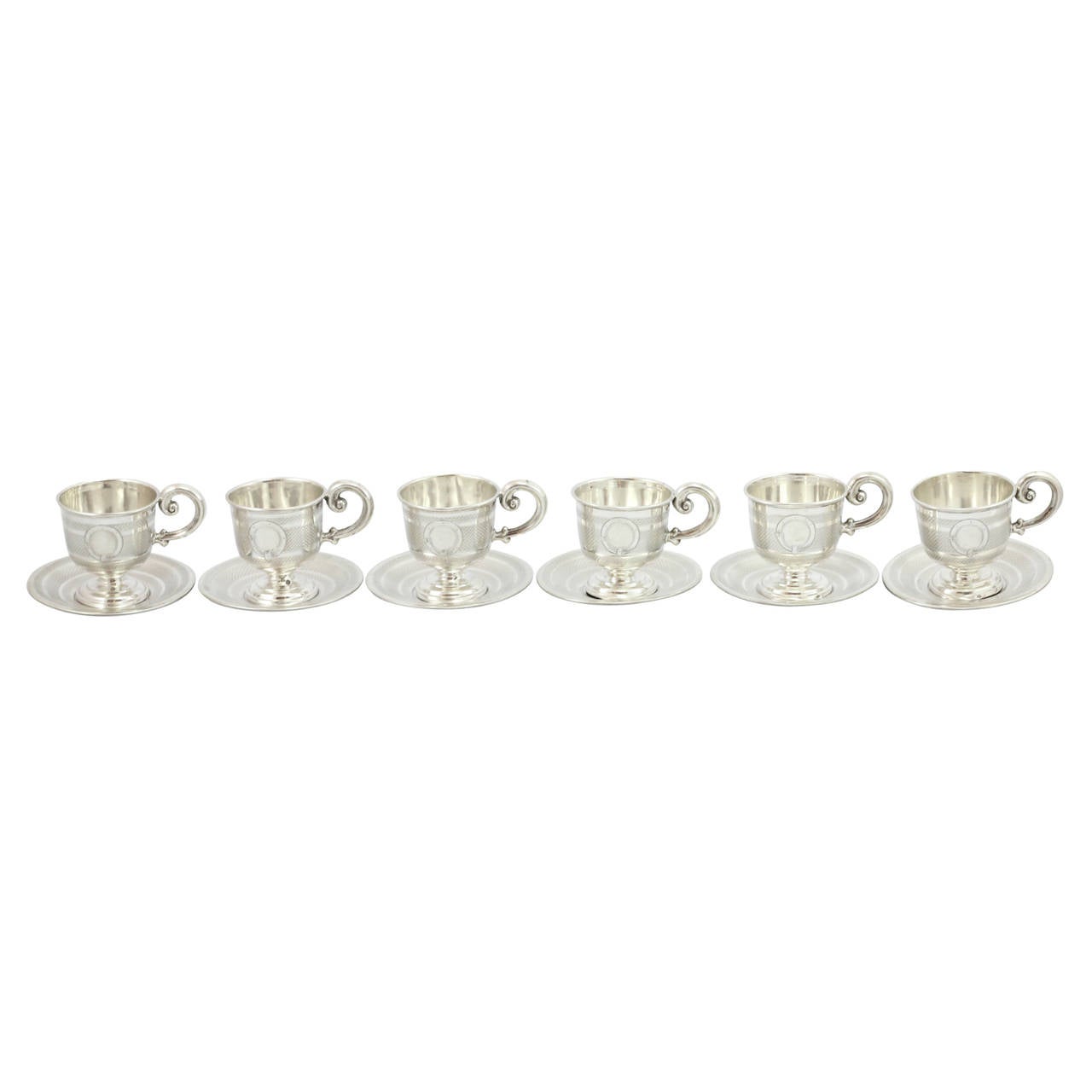 Victorian Set of Six Continental Silver Demitasse Cup and Saucers For Sale