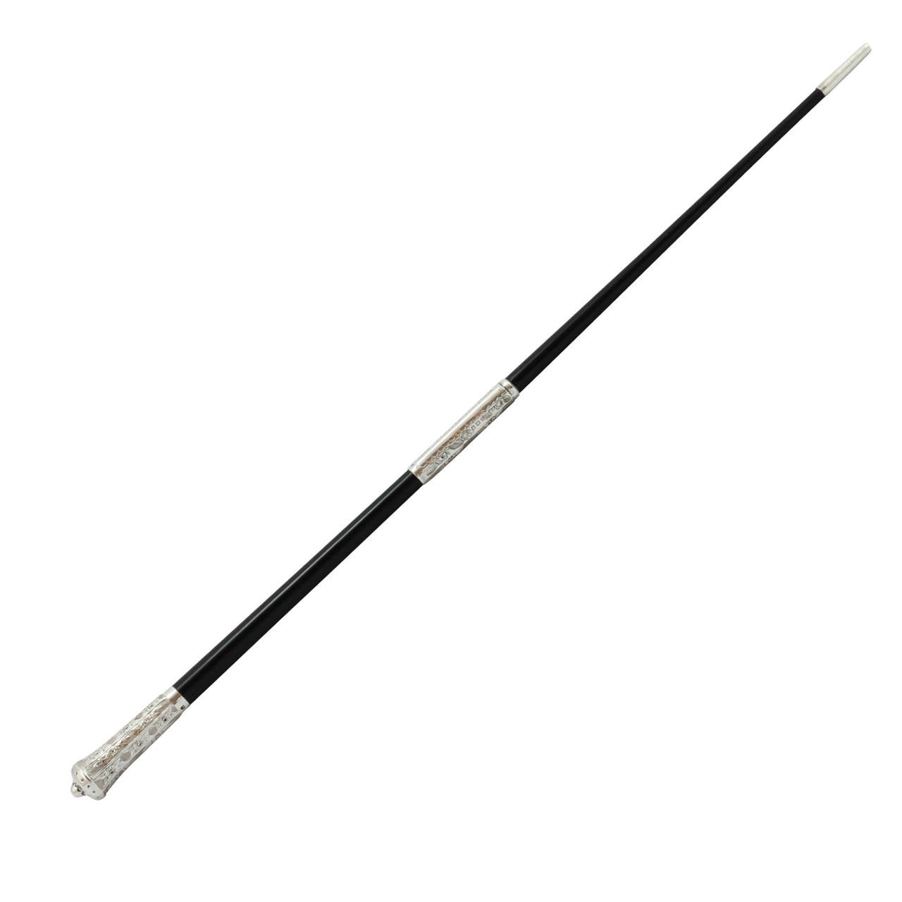 The Handy Pocket Baton. This piece consists of sterling silver embellishments with floral motifs and carved ebony.

This piece is engraved “To R. W. Woods From Cargycreevy Choir.” It also comes with its original box.