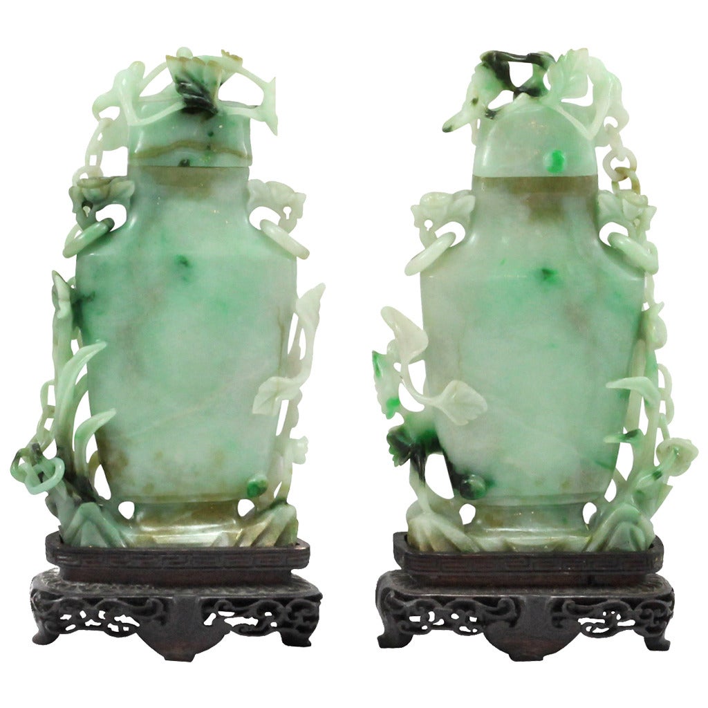 Pair of Early 20th Century Jadeite Covered Vases For Sale