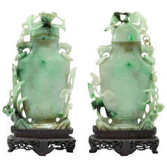 Antique Pair of Early 20th Century Jadeite Covered Vases