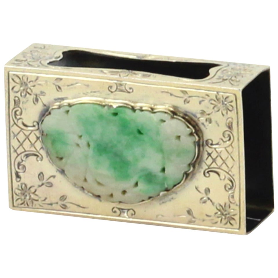 Edward Farmer Sterling Silver Matchbox Holder with Carved Jadeite Plaque For Sale