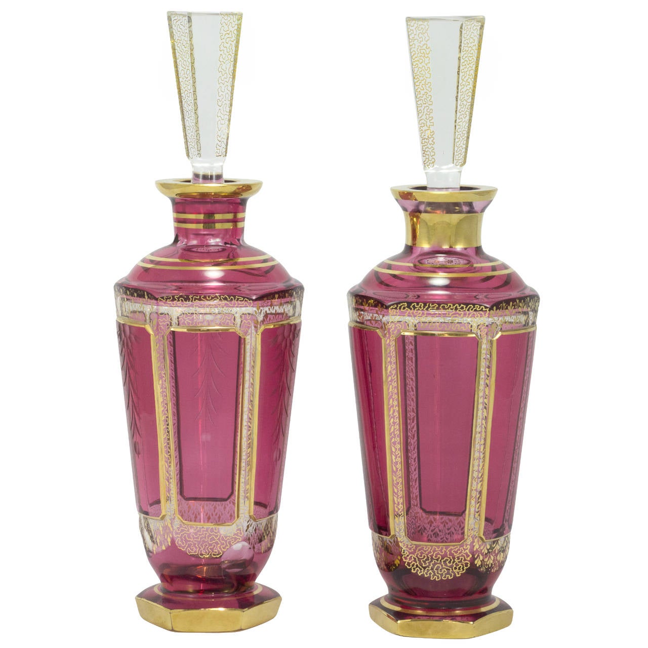20th Century Ruby Cut To Clear Glass Decanters with Gilt Decoration by Moser In Excellent Condition In Brisbane, Queensland