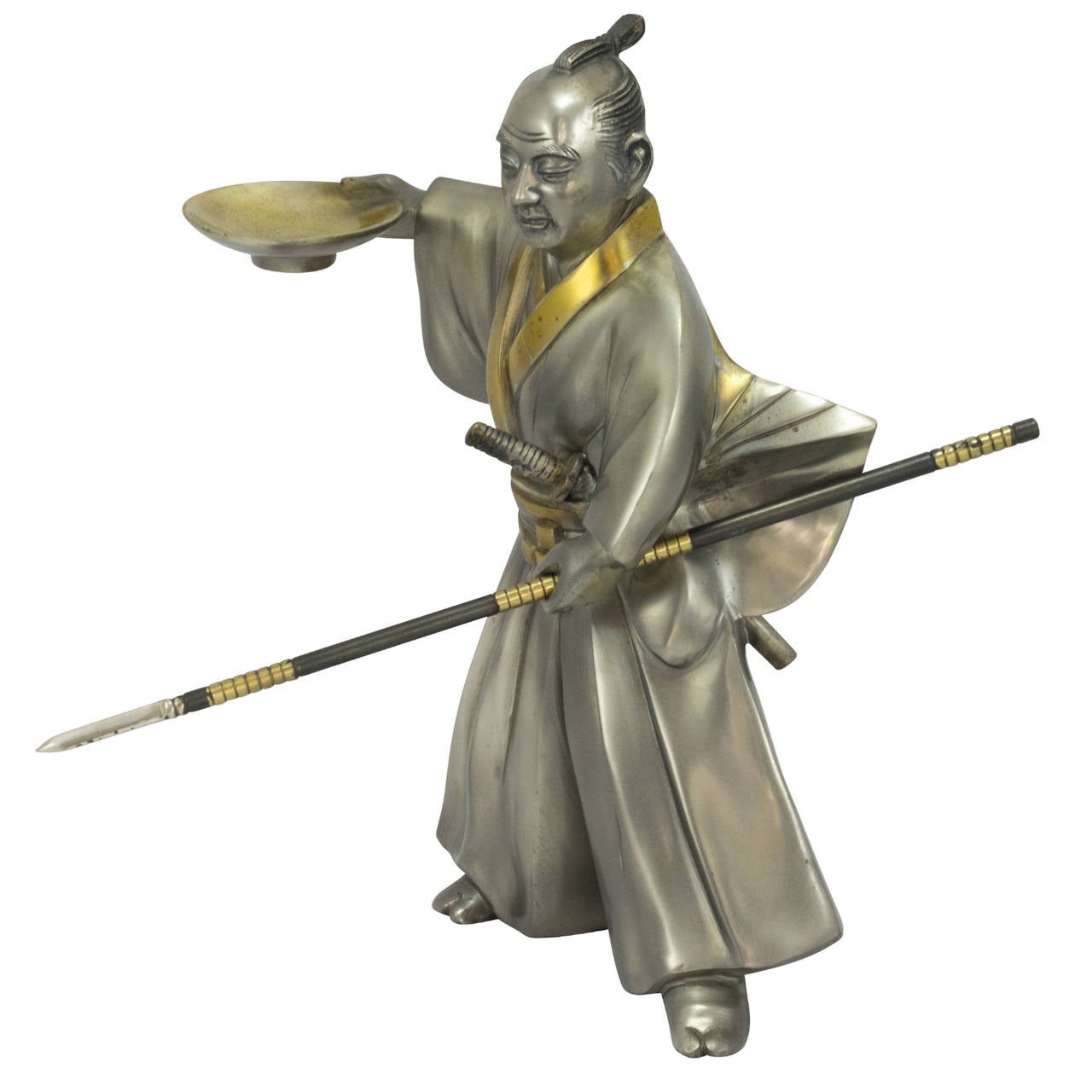 Japanese Art Deco Silvered Bronze Samurai Figure In Excellent Condition In Brisbane, Queensland