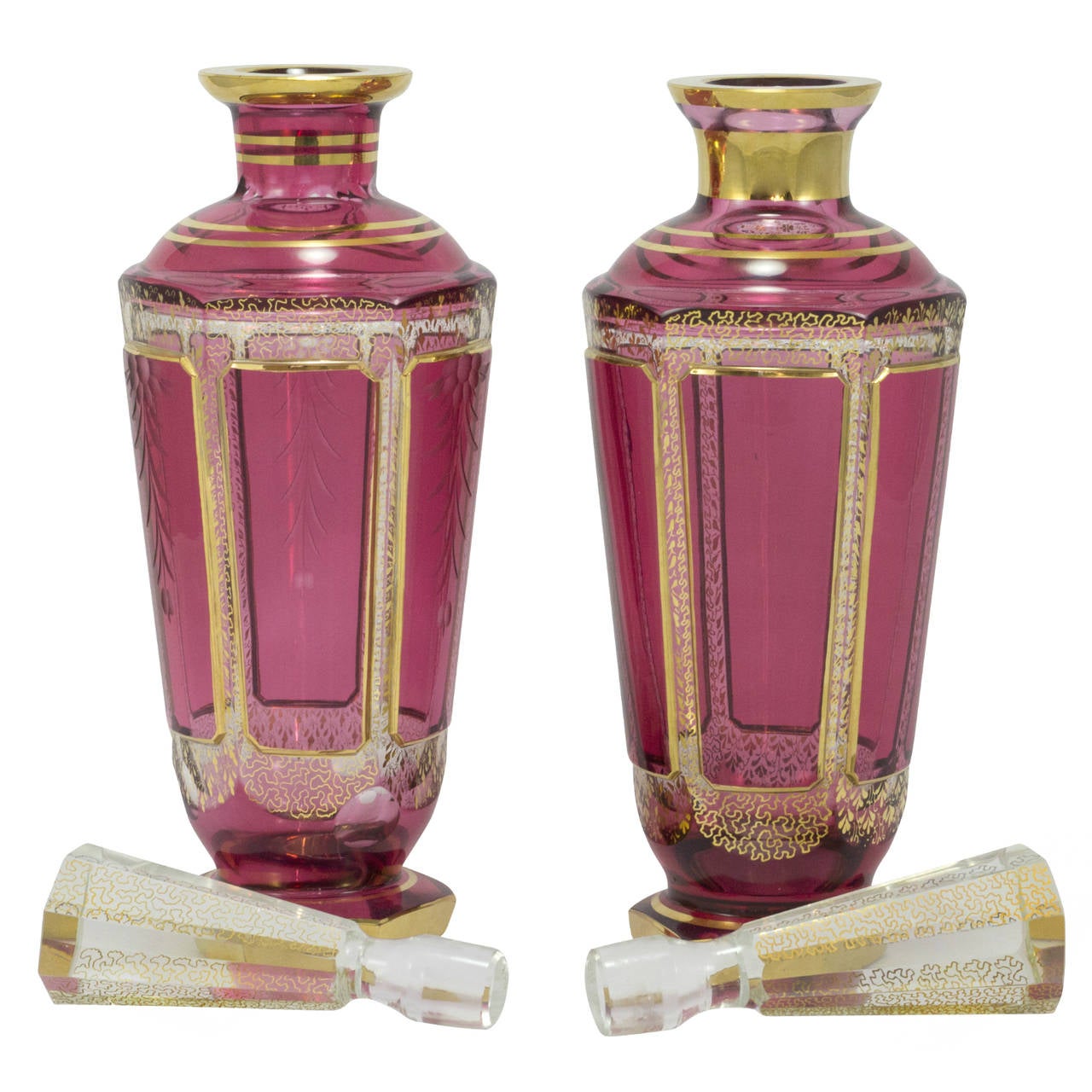 20th Century Ruby Cut To Clear Glass Decanters with Gilt Decoration by Moser 2
