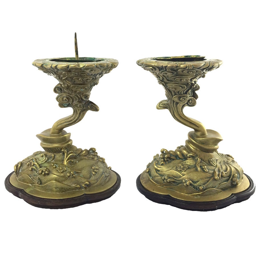 Pair of 18th Century Chinese Brass Alter Candlesticks on Timber Bases For Sale