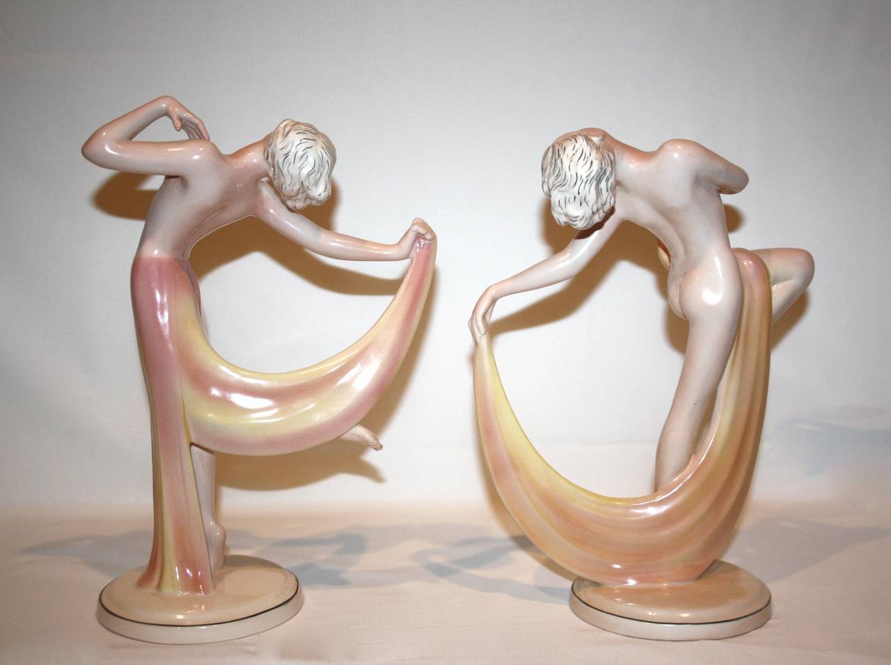 Ceramic Art Deco Nude Scarf Dancers Pair By Kazhutte and Hertwig Germany, circa 1930 For Sale